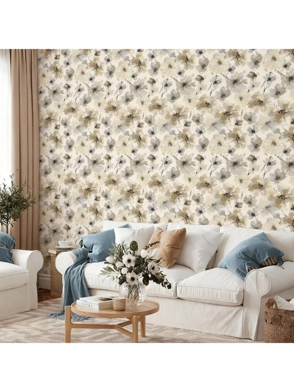 Beige Floral Watercolor Peel and Stick Wallpaper - Vintage Self-Adhesive Decor